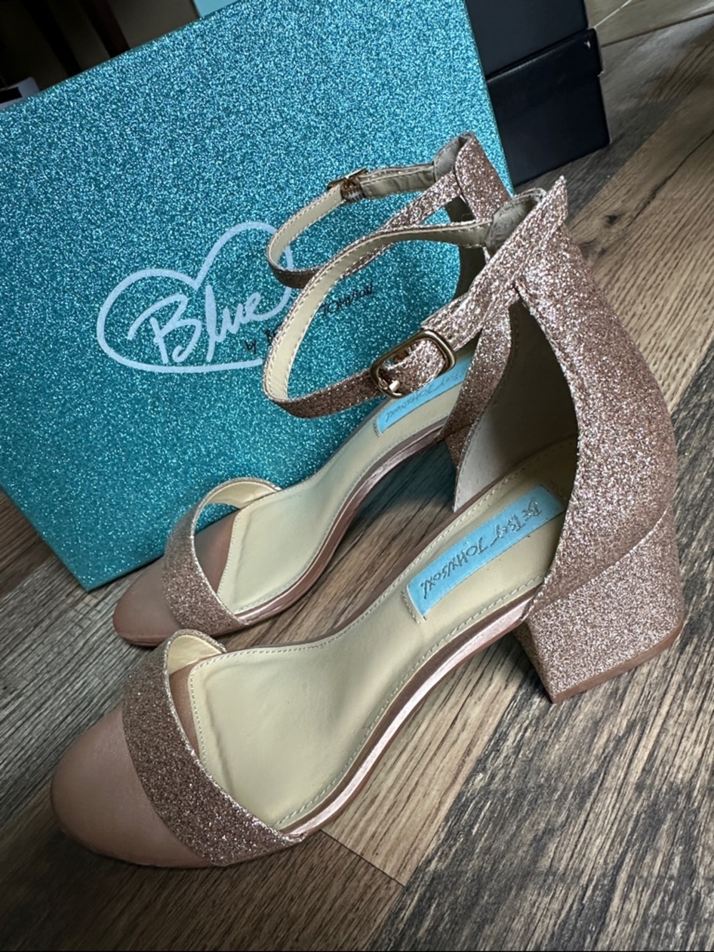 Blue by Betsey Johnson Rose Gold Champagne Glitter Ankle-Strap Block Heels